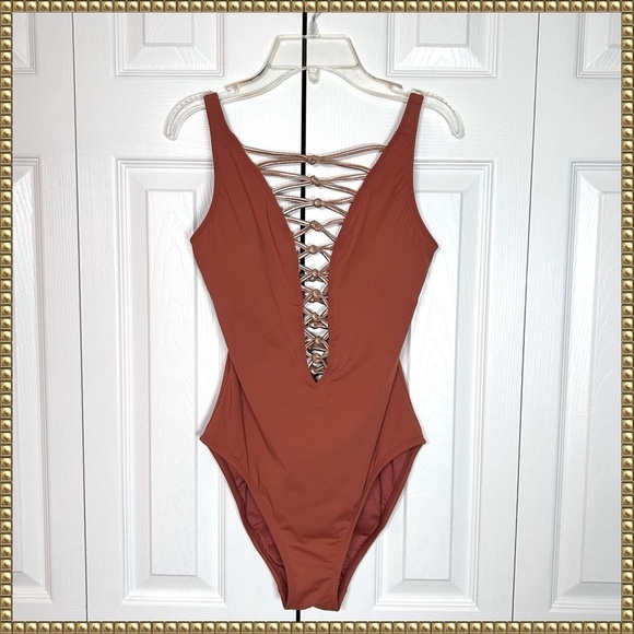 Bleu Rod Beattie Plunge One Piece Swimsuit Brown Gold - Picture 3 of 14